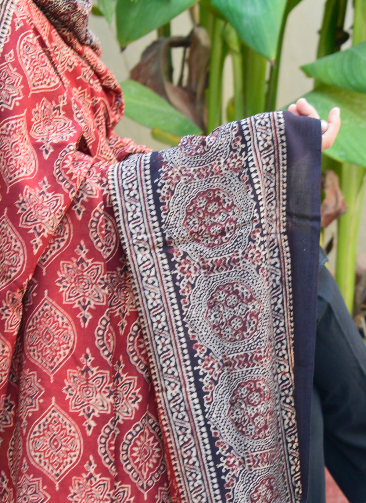 Sindhi Ajrak Shawl in Badam Motif Contrast – Artisan-Made Chadar Available with or without Sitara