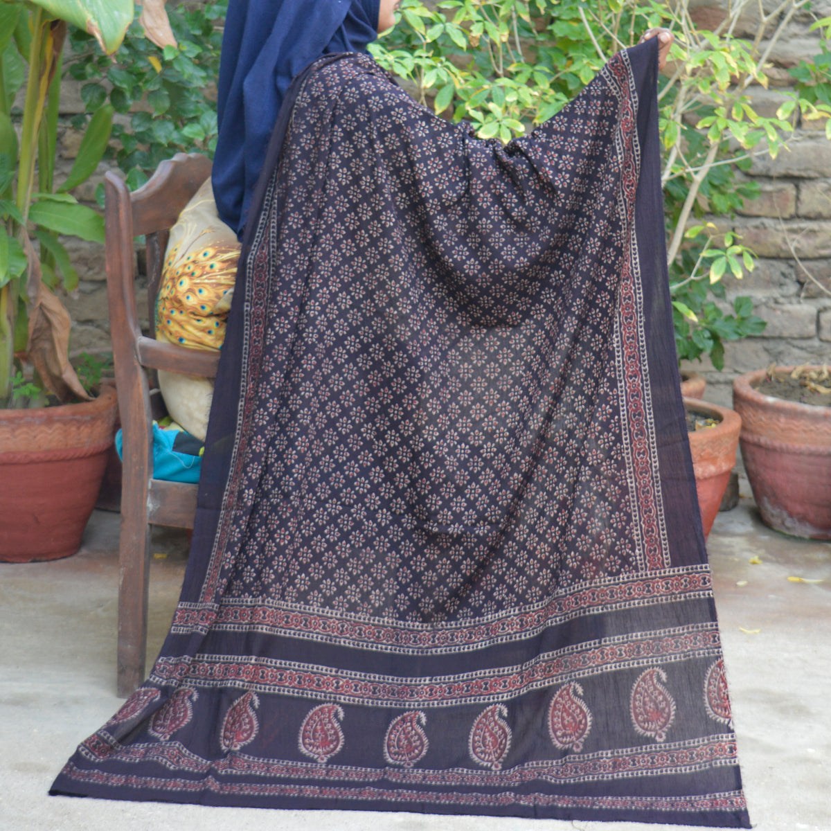 Black Floral Ajrak Chadar – Organic Dyed Hand Block Printed Traditional Sindhi Shawl by Sartiyoon Pakistan