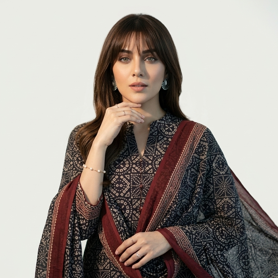 Ajrak Design Dress in black Chunri print with a contrasting maroon border combo, traditional hand block printed ethnic wear.