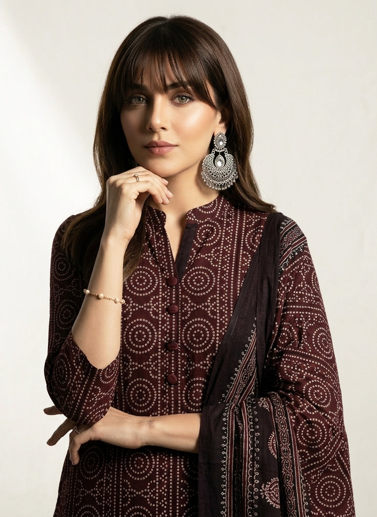 Maroon chunri organic dye hand block Ajrak two-piece in lawn
