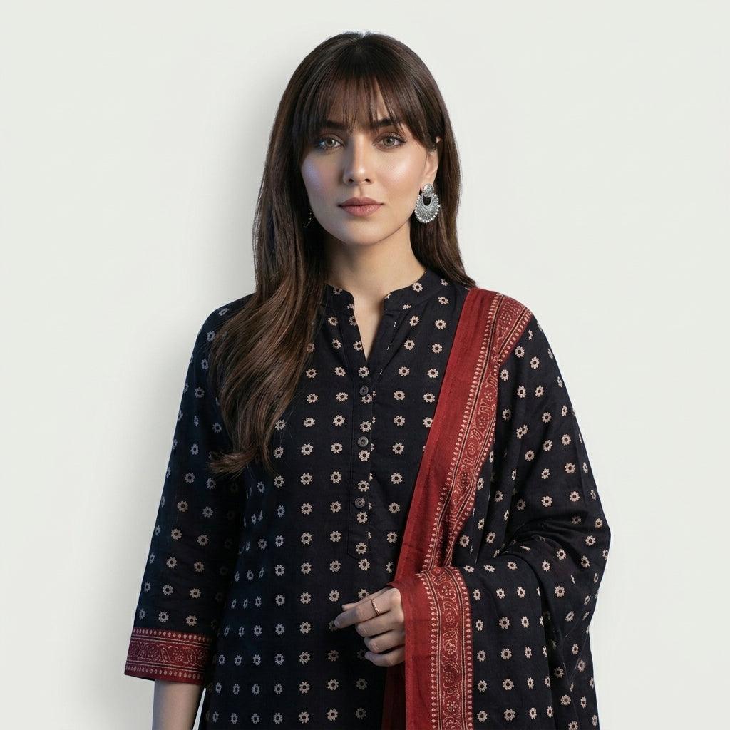 Ajrak Cosmic Diamonds two-piece shirt and dupatta set with distinctive geometric diamond motifs and traditional hand block prints.
