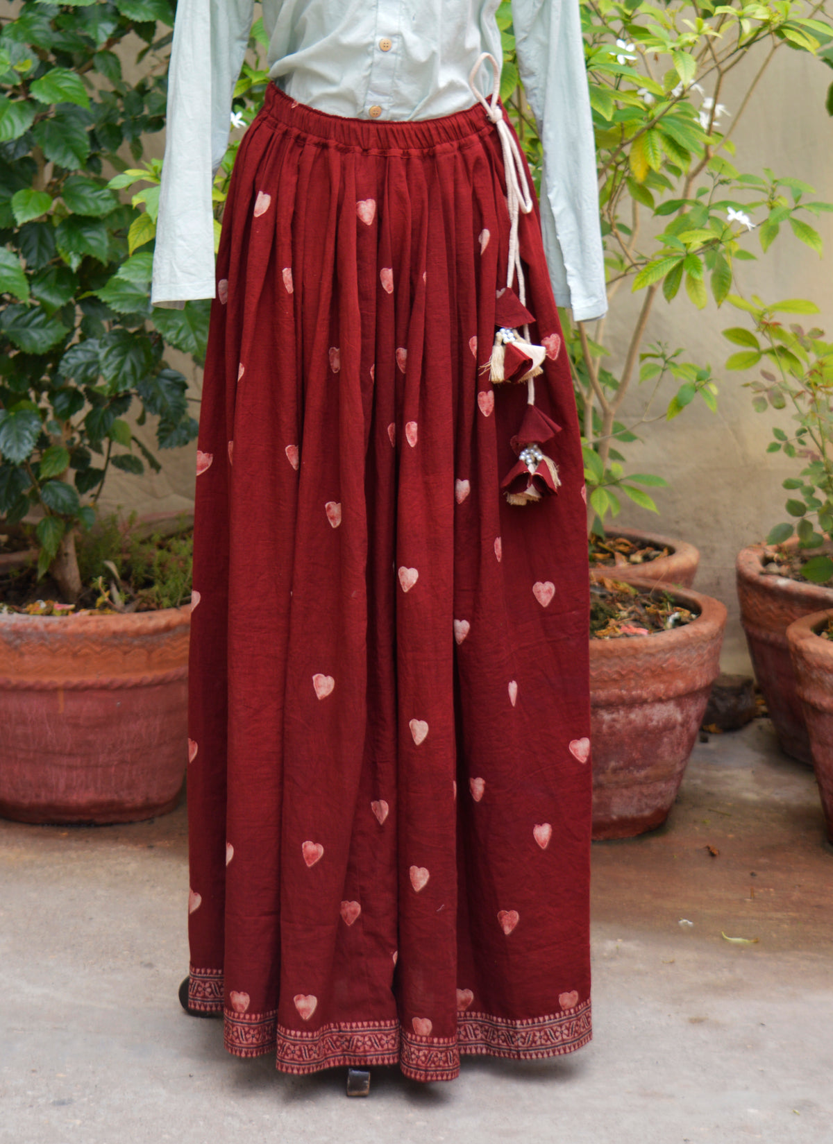 Ajrak Crimson Heart Boho Skirt, Lawn Maxi with Tassel Dori