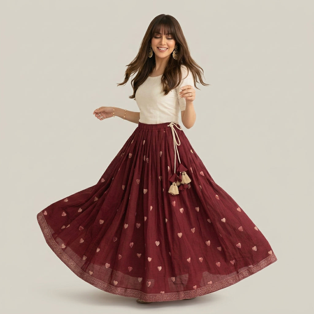 Ajrak maxi skirt with intricate circular motifs