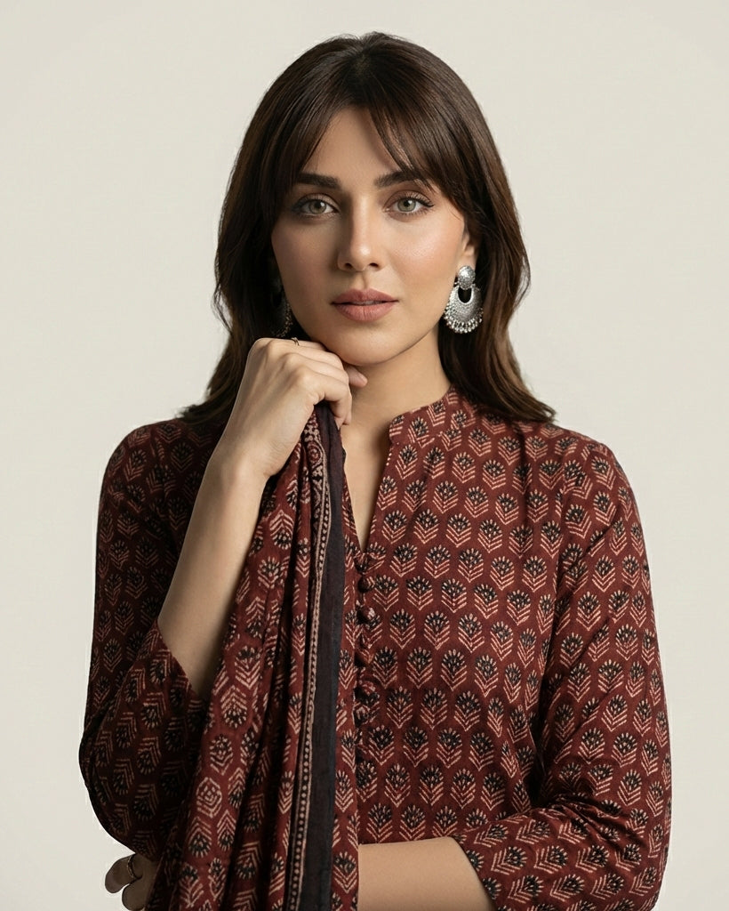 Ajrak Design Dress Floral Maroon handcrafted with organic dye hand block printing, premium Sindhi Ajrak pattern for luxury ethnic fashion styling.