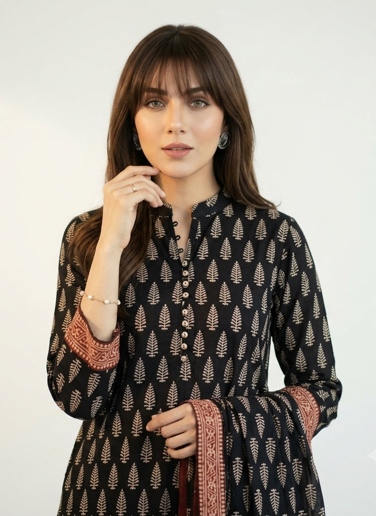 Ajrak Design Dress Mountain Butta Black Contrast lawn unstitched two-piece shirt and dupatta