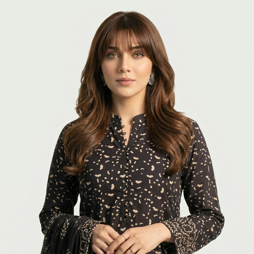 Ajrak Design Dress Black Panthera Pardus two-piece with distinctive leopard-inspired motifs and traditional hand block printed patterns.