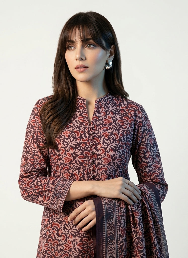 Ajrak Design Dress floral bel two tone purple base hand block printed lawn two-piece