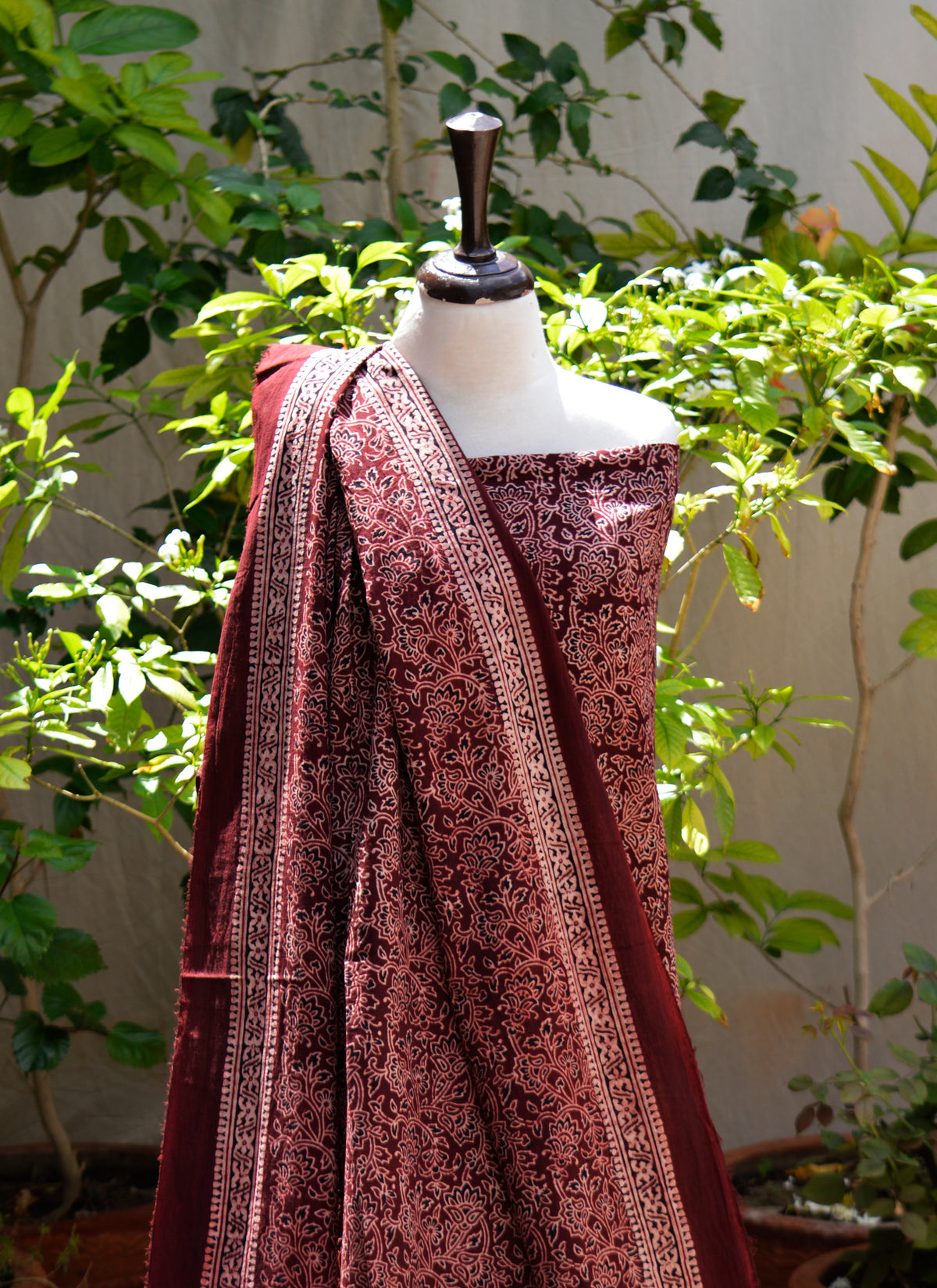 Hand block printed Ajrak lawn two piece maroon ethnic dress Pakistan