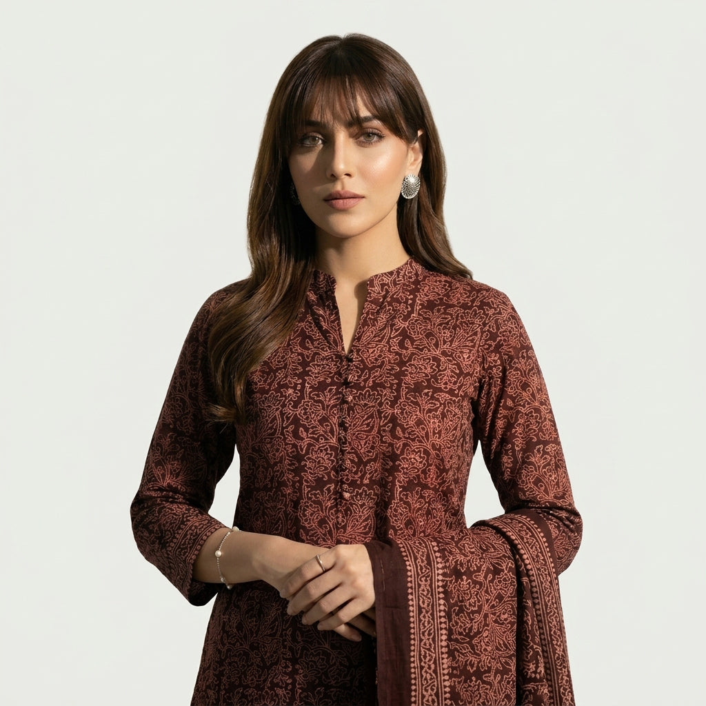 Ajrak Design Dress Floral Bel Maroon Two-Piece with traditional hand block printed floral vine motifs.