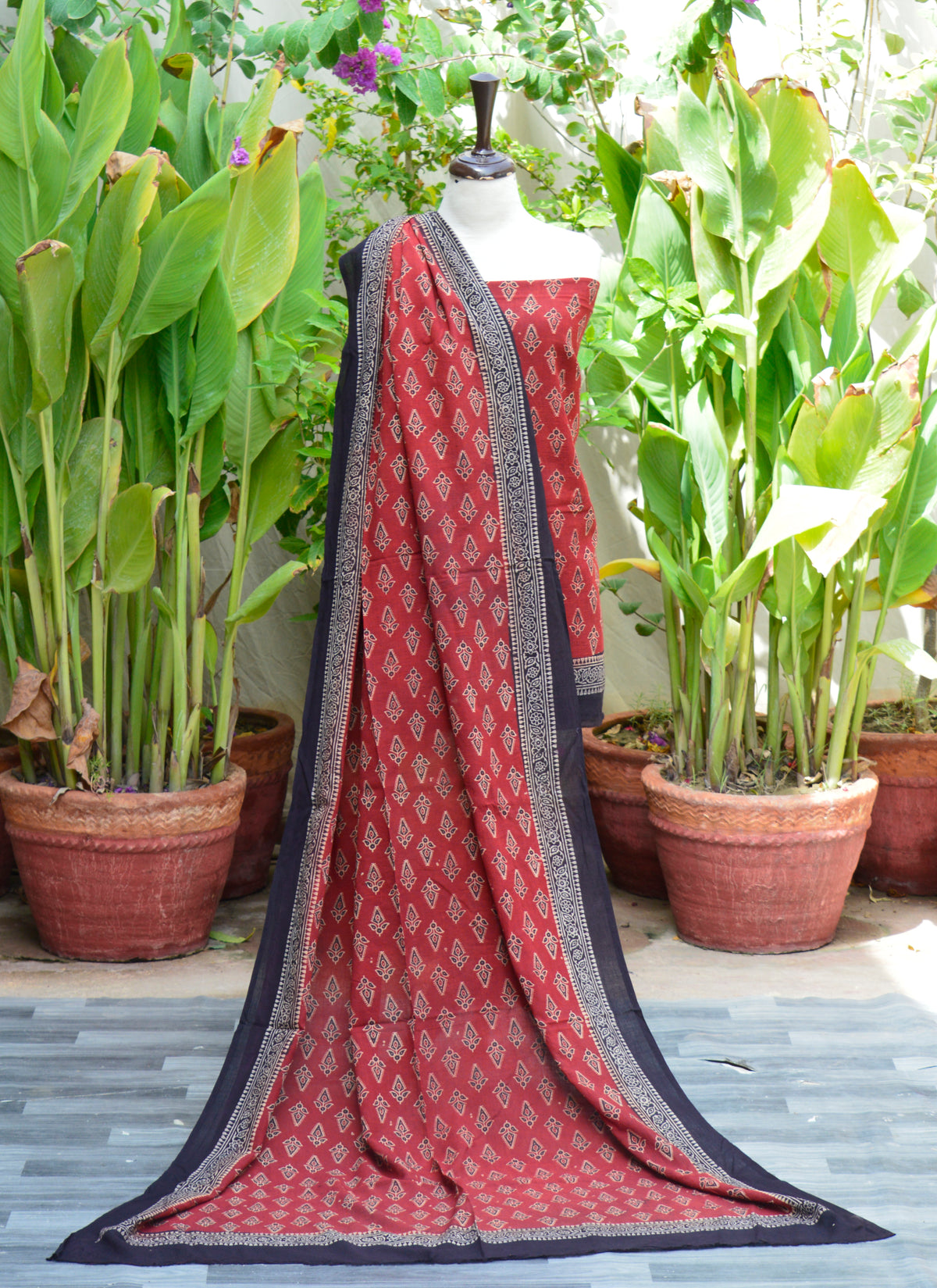 Ajrak Design Dress – floral butti shirt and bordered dupatta, hand block printed with organic dyes