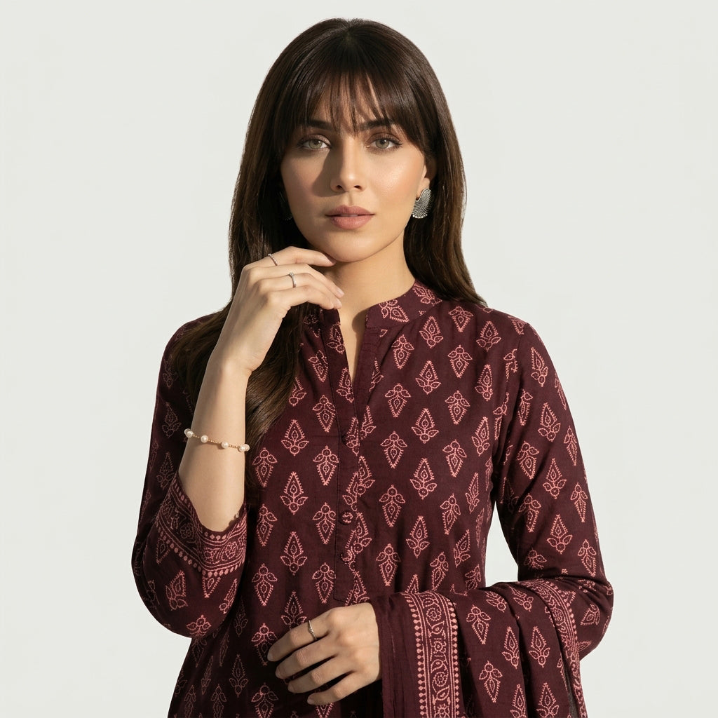Ajrak Design Dress Floral Butta Two-Piece with traditional hand block printed floral motifs and elegant heritage patterns.