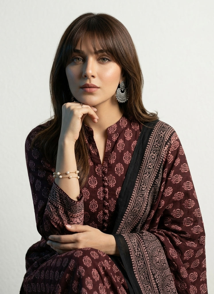 Ajrak Floral Maroon Two-Piece – Organic Dye Hand Block Printed Lawn/ Cotton (Shirt & Dupatta)