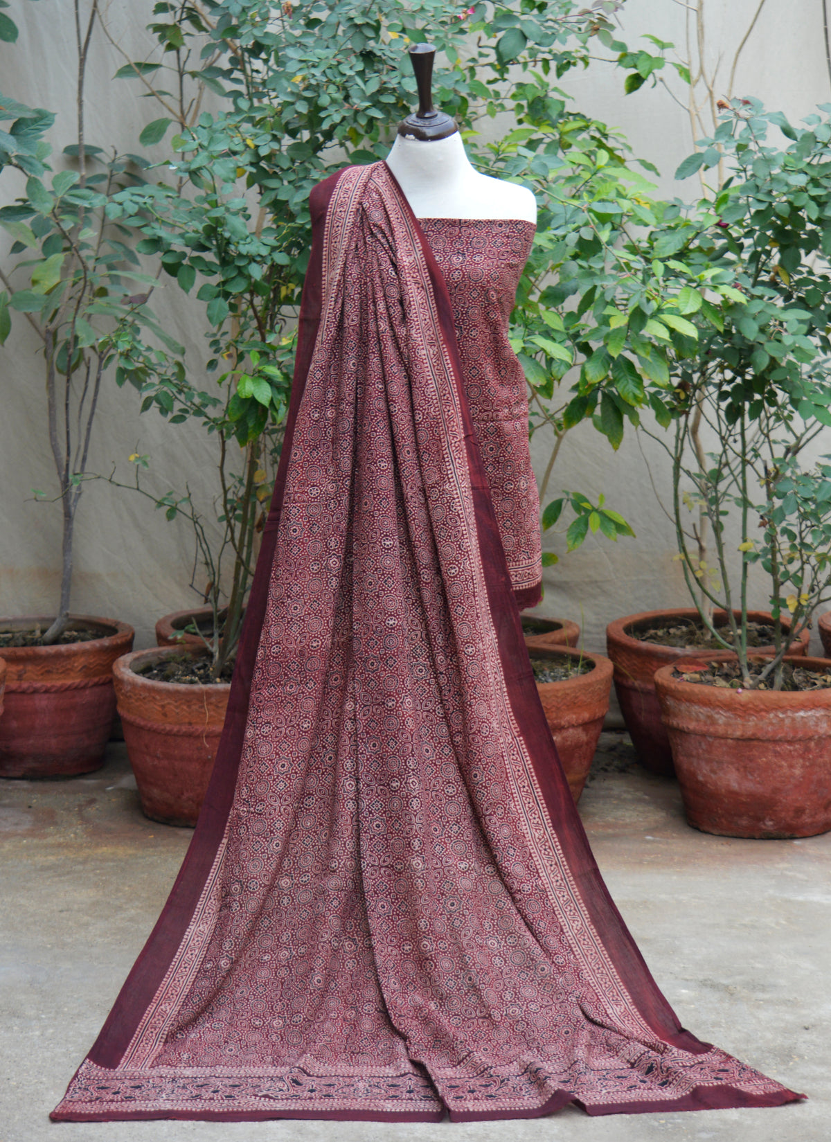 Ajrak Design Dress maroon hand block printed organic dye traditional Pakistani outfit