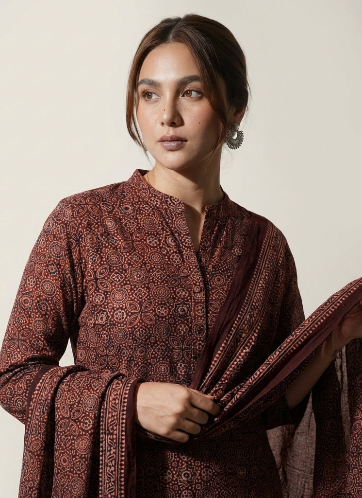 Ajrak Design Dress Maroon organic dyed hand block printed luxury ethnic wear Pakistan