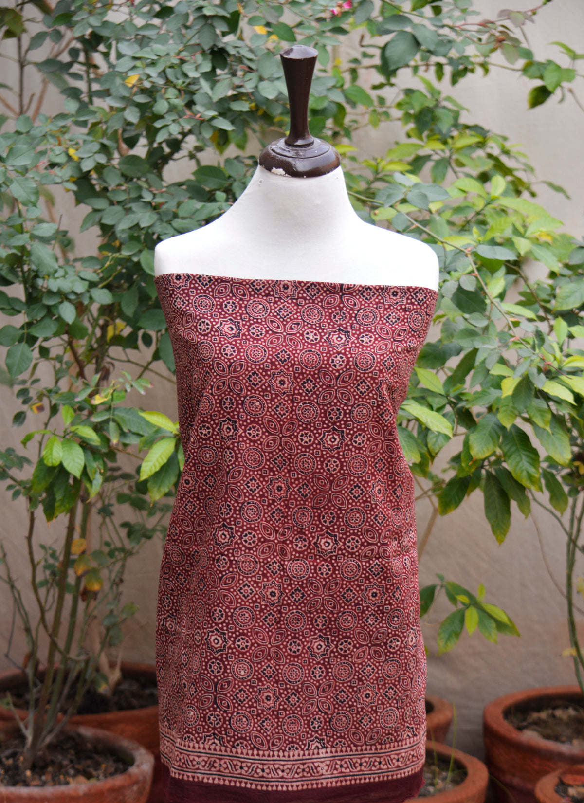 Maroon Ajrak Design Dress traditional Pakistani cultural fashion for women