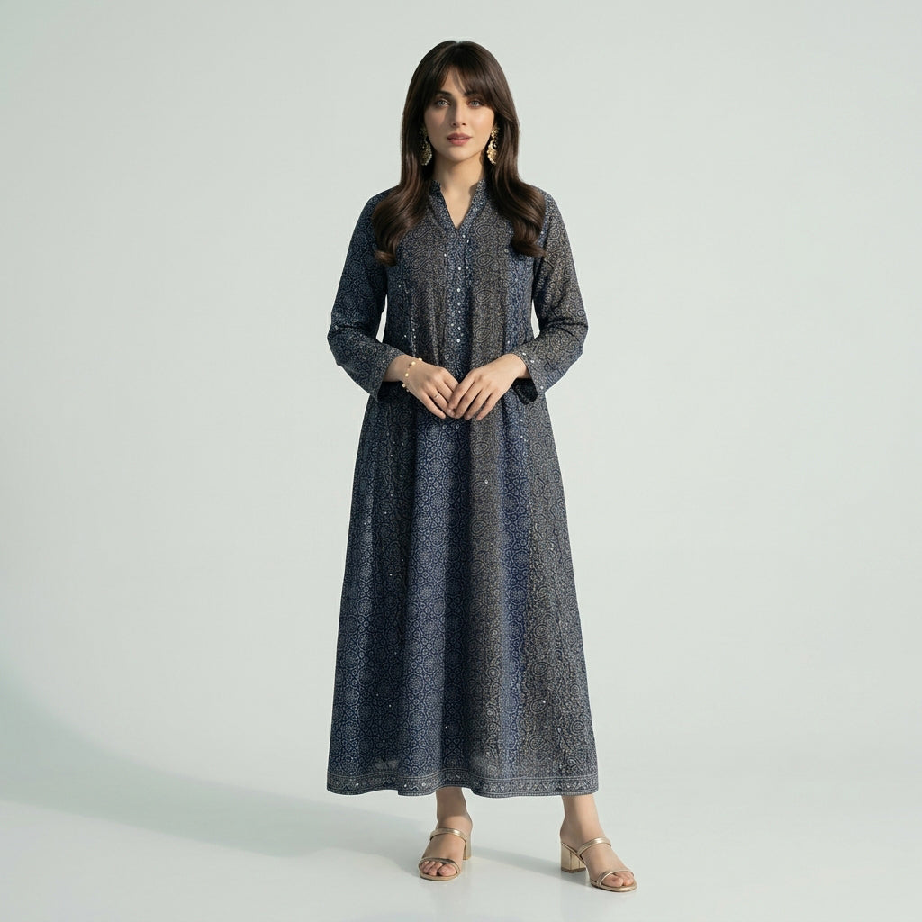 Ajrak patchwork maxi dress with colorful traditional patterns
