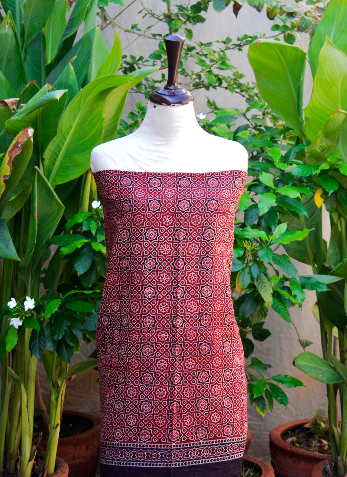 Hand Block Printed Ajrak Lawn Fabric Moroccan Red Shirt Dupatta Set | Organic Dye Ajrak Design Dress