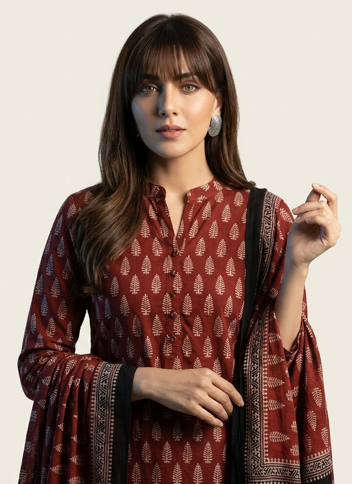 Organic dye hand block printed Ajrak Mountain Buta lawn two-piece shirt and dupatta for women