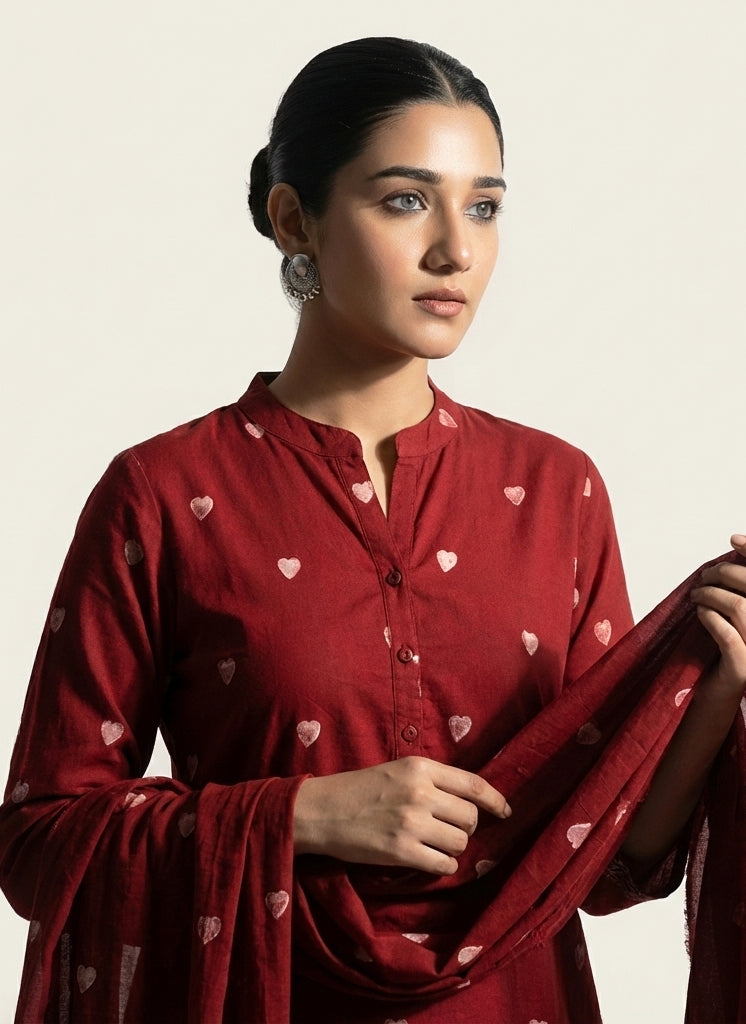 Organic dye hand block printed Ajrak design dress red heart cotton two-piece shirt and dupatta Pakistan