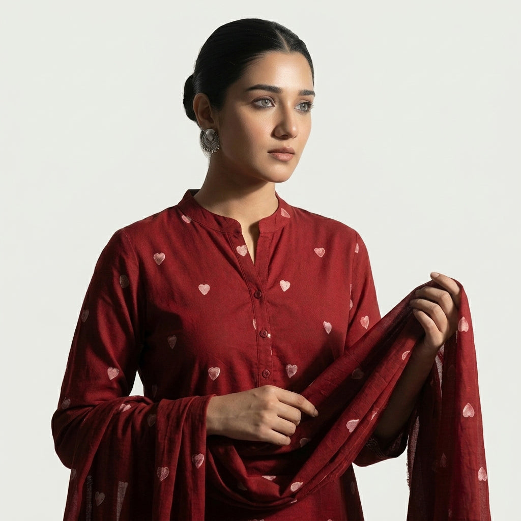 Red Heart Ajrak Design Dress two-piece set with traditional hand block printed shirt and matching dupatta.