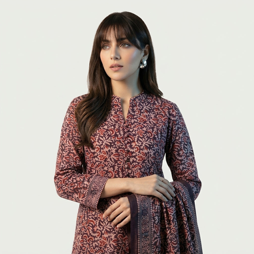 Ajrak Design Dress Floral Bel Two-Tone Two-Piece Set with traditional hand block printed floral motifs.