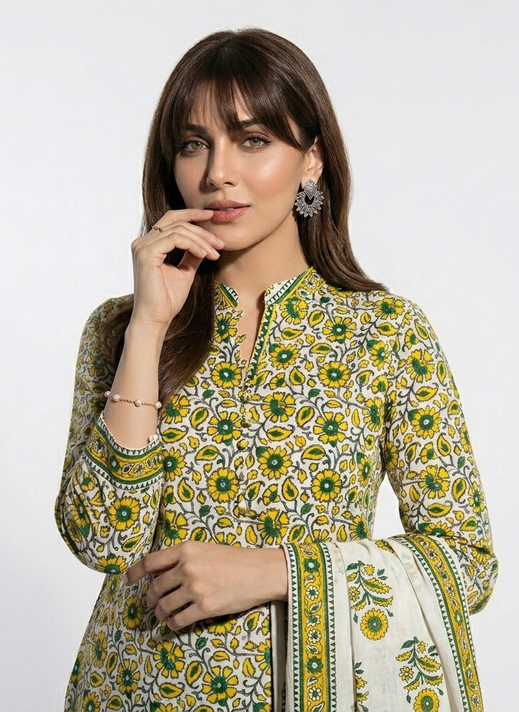 Daisy Flower Yellow Hand Block Printed – Unstitched Cotton Two-Piece (Shirt & Dupatta)
