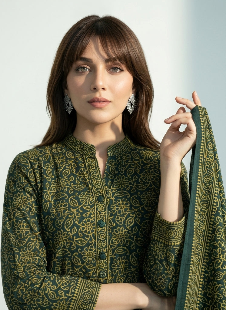Green floral bel hand block Ajrak two-piece in lawn