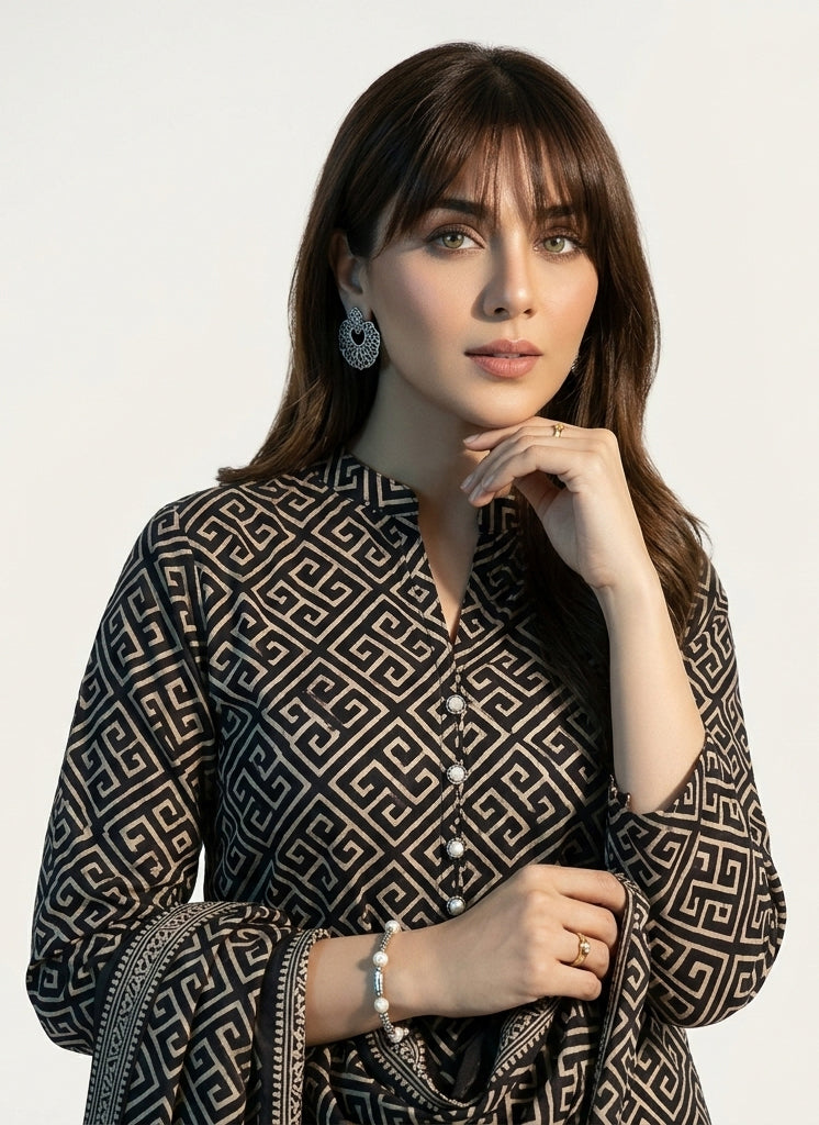 Black Ajrak Design Dress Taskeen hand block printed cotton unstitched two piece