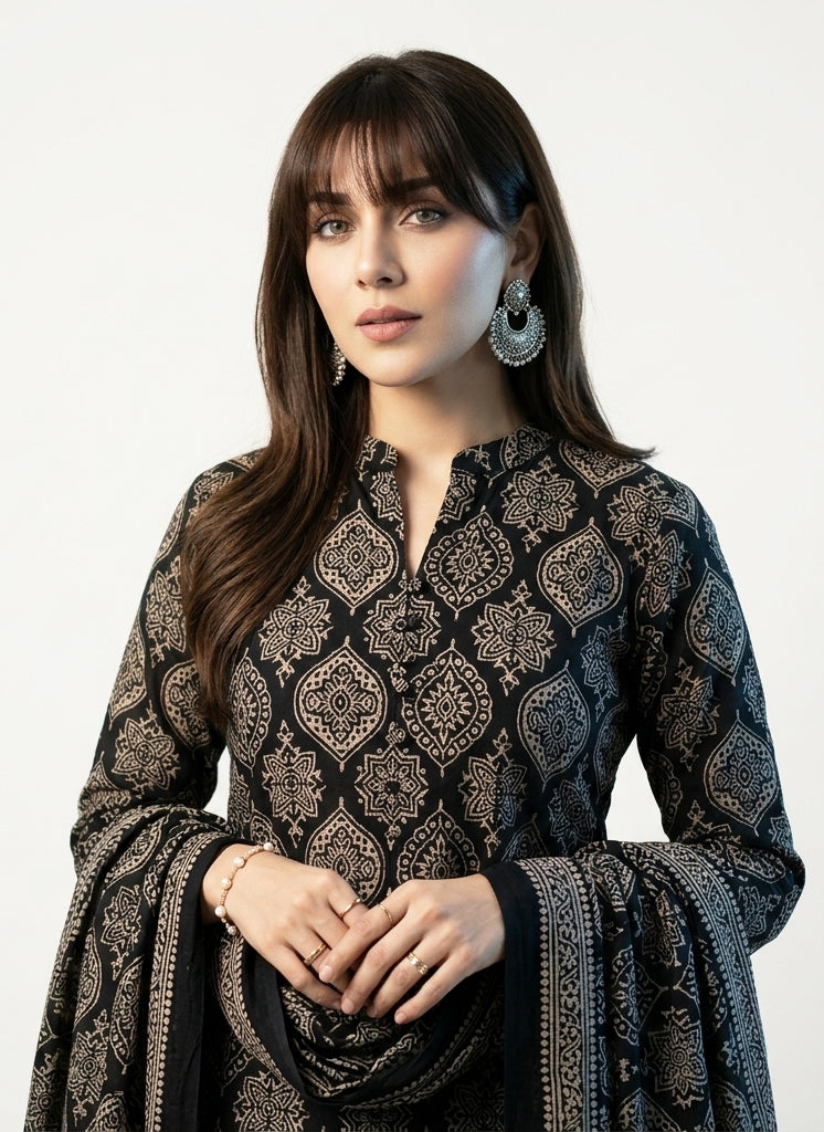 Organic Dye Hand Block Printed Ajrak Black Badam – Unstitched Cotton Two-Piece Dress Set (Shirt & Dupatta) | Ajrak Design Dress