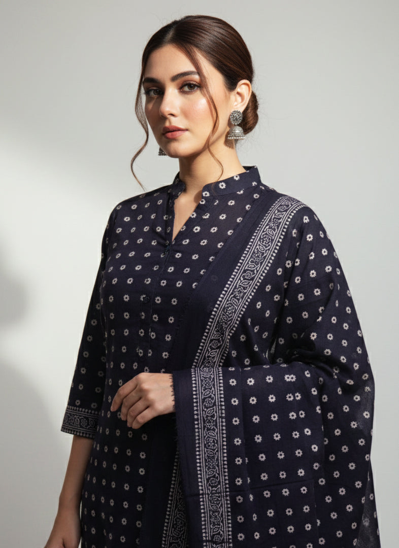Ajrak Design Dress Cosmic Diamonds Black organic dye hand block printed two-piece featuring traditional Sindhi Ajrak geometric motifs and timeless heritage-inspired elegance.