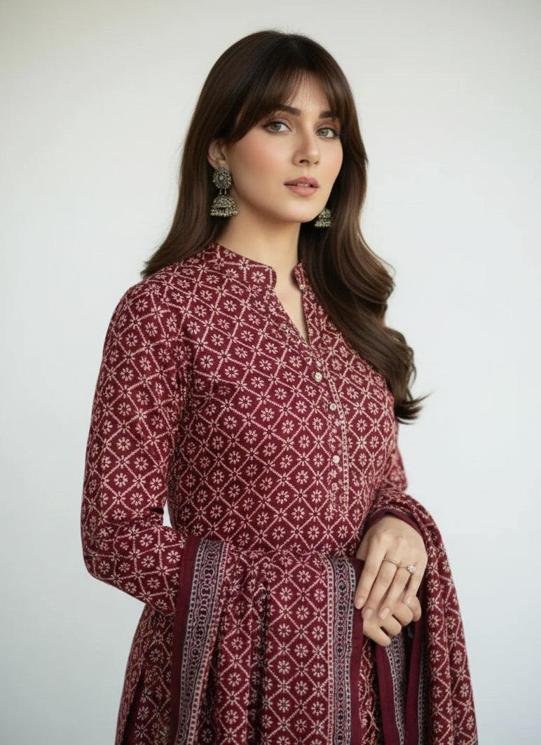 Ajrak Floral Jaal unstitched two-piece set featuring organic dye hand block printing, classic Sindhi Ajrak motifs, and heritage-inspired ethnic elegance for women.