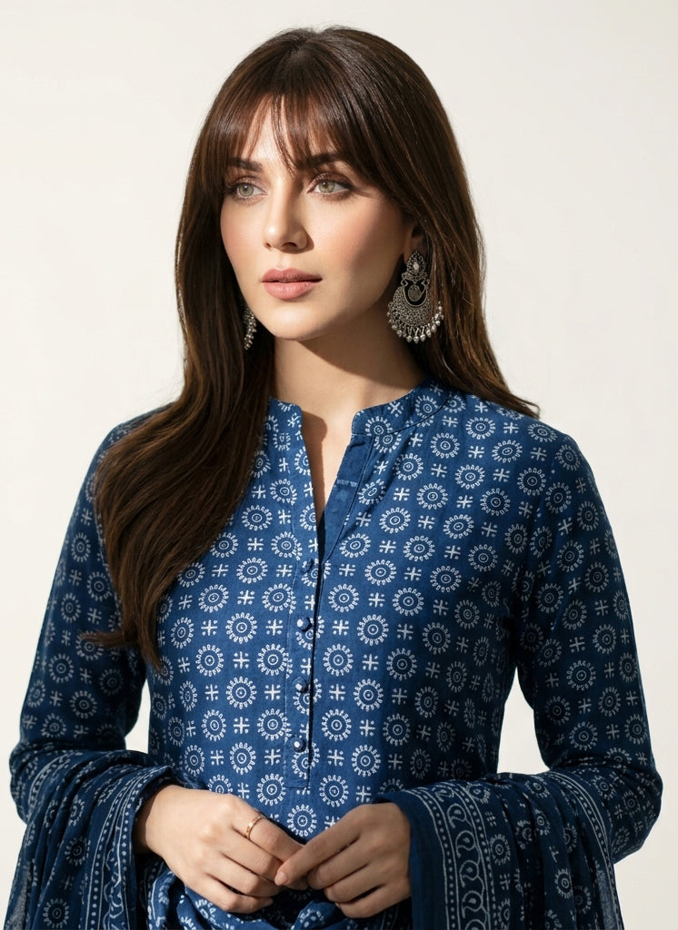 Ajrak Design Dress Blue – Organic Dye Hand Block Printed Pakistani Dress by Sartiyoon
