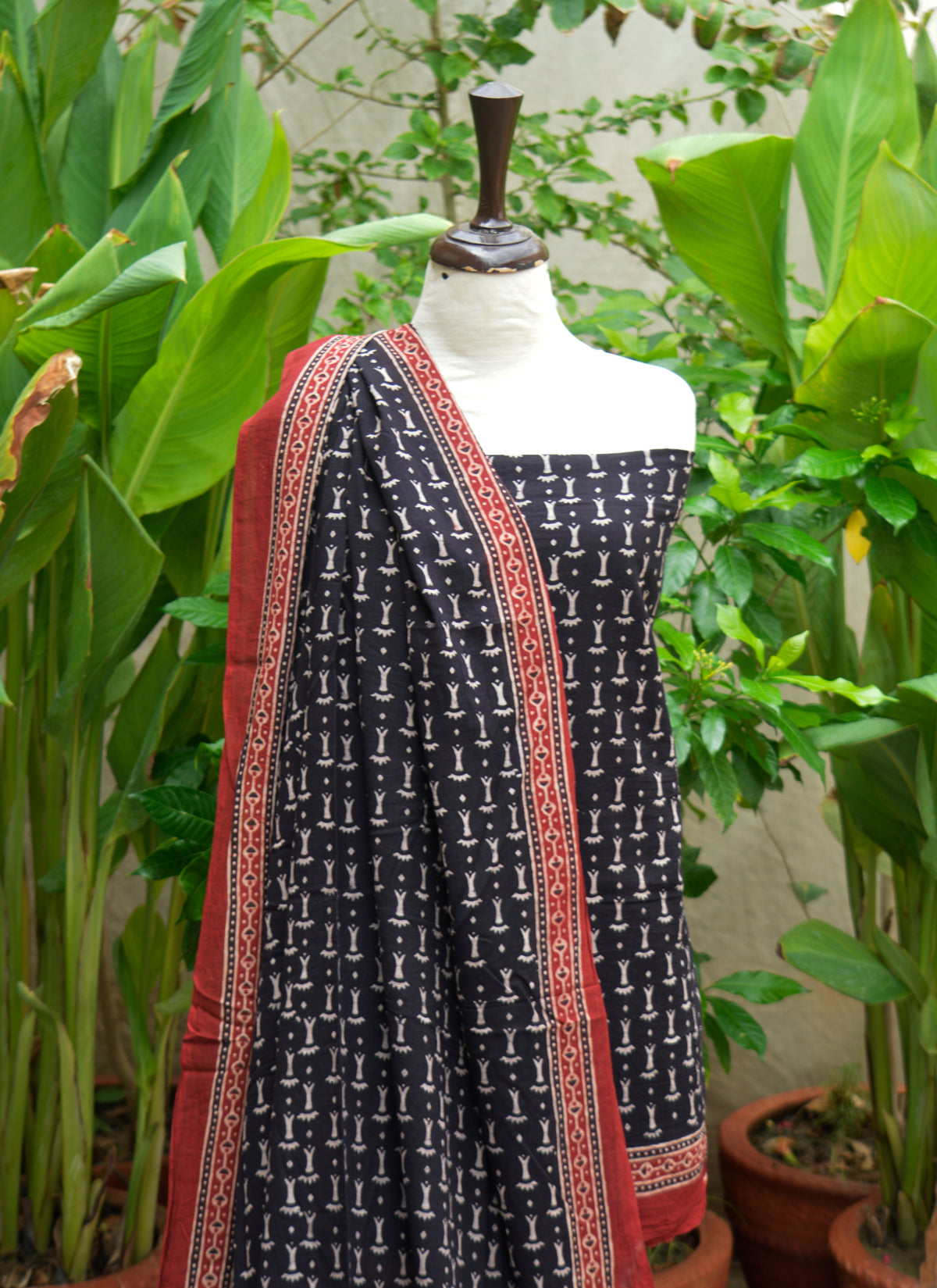 Organic dye hand block printed Ajrak Design Dress two-piece fabric set.