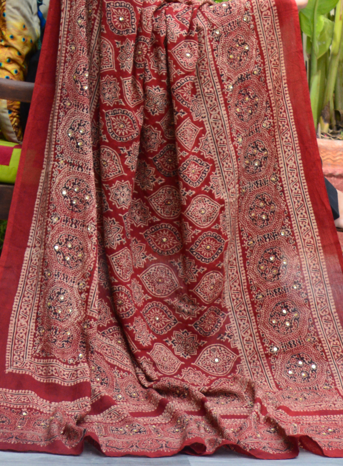 Elegant Red Badam Ajrak Chaadar – Organic Dye, Sustainable Cotton, and Hand Block Printed Detailing with Shimmering Sitara for Contemporary Tradition