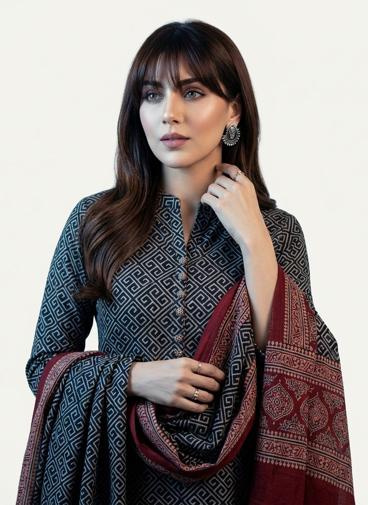 Ajrak Black Taskeen – Organic Dye Hand Block Printed Lawn Two-Piece Shirt and Dupatta by Sartiyoon