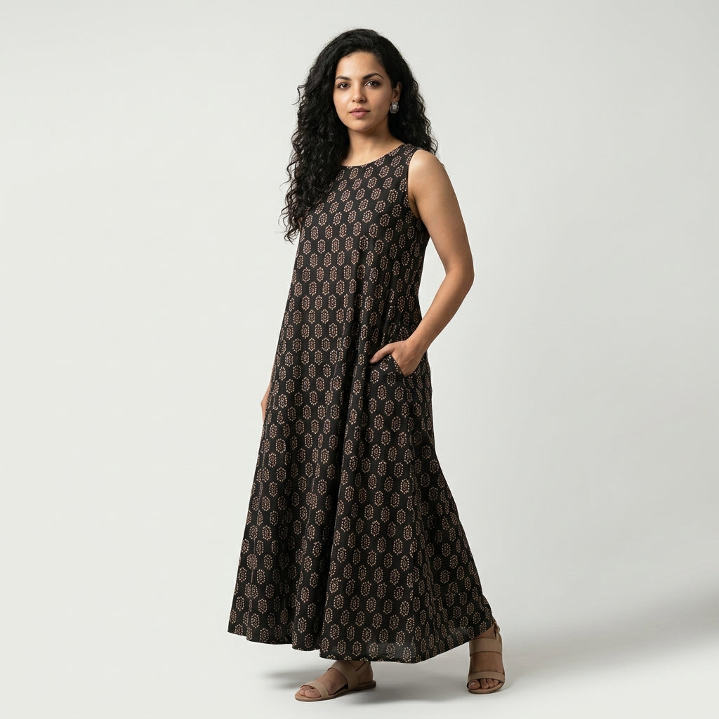 Ajrak maxi dress with decorative borders and heritage patterns