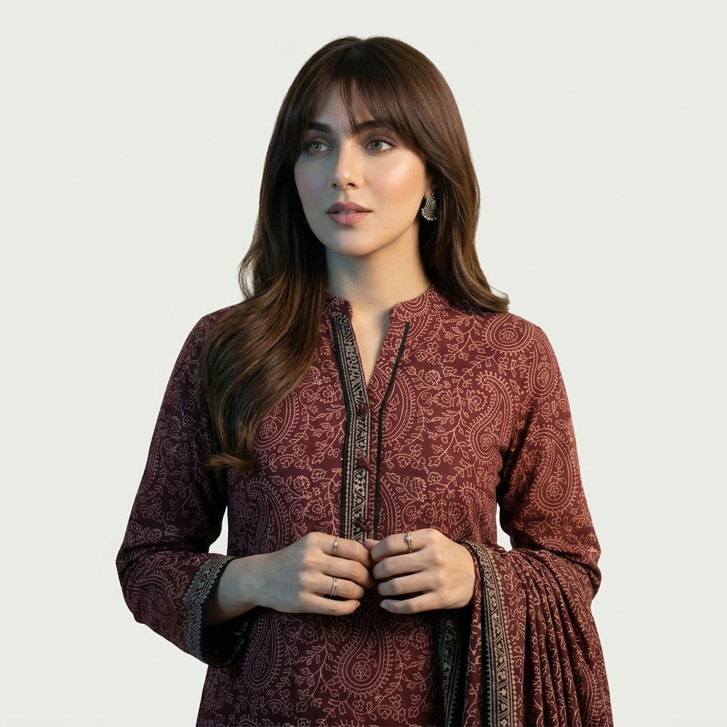 Maroon Anbi Ajrak Design Dress with traditional hand block printed motifs and elegant heritage patterns.