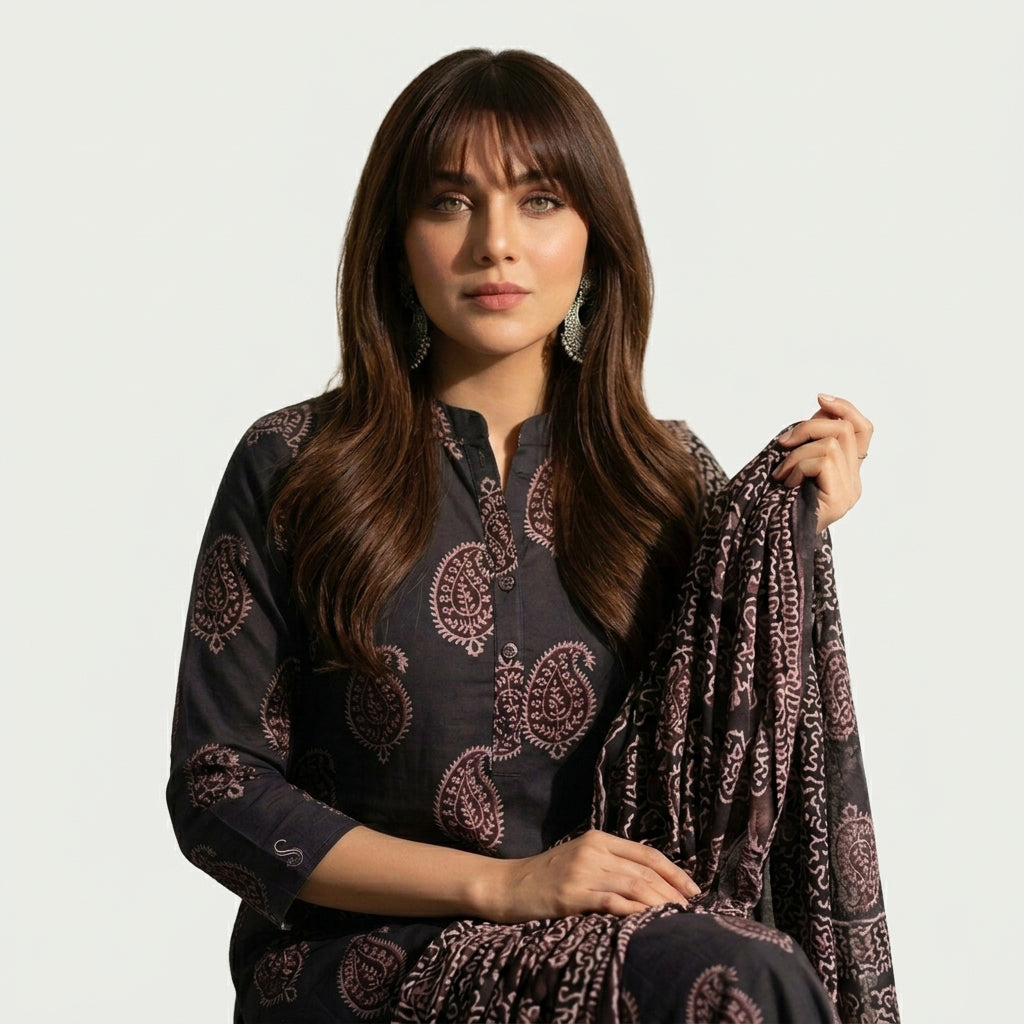 Black Anbi Kakkar Ajrak Design Dress with traditional hand block printed motifs.
