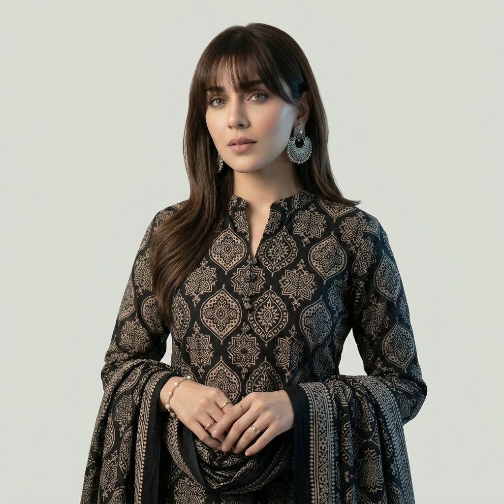 Black Badam Ajrak Design Dress with traditional hand block printed almond motifs.