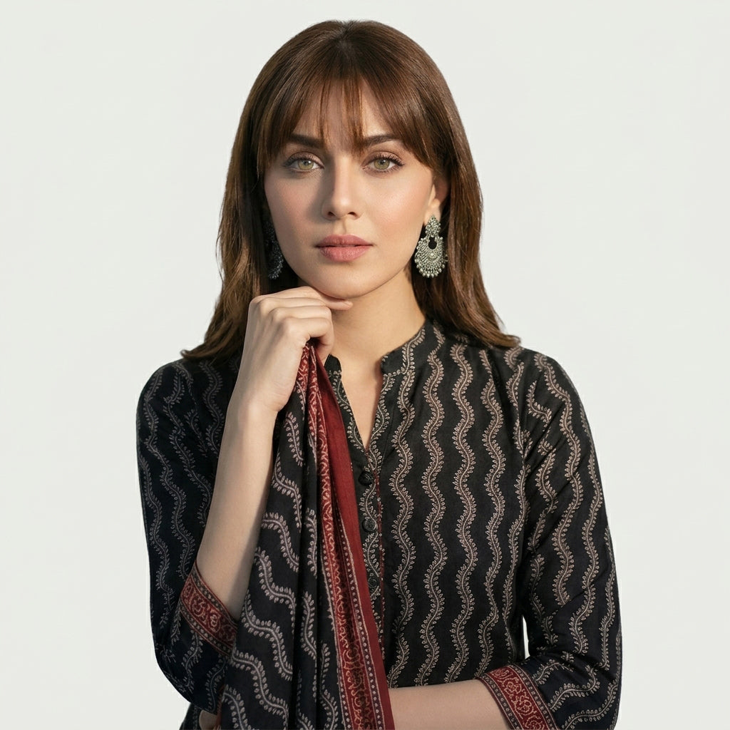 Black Ajrak Design Dress featuring traditional hand block printed motifs with an elegant, timeless pattern.