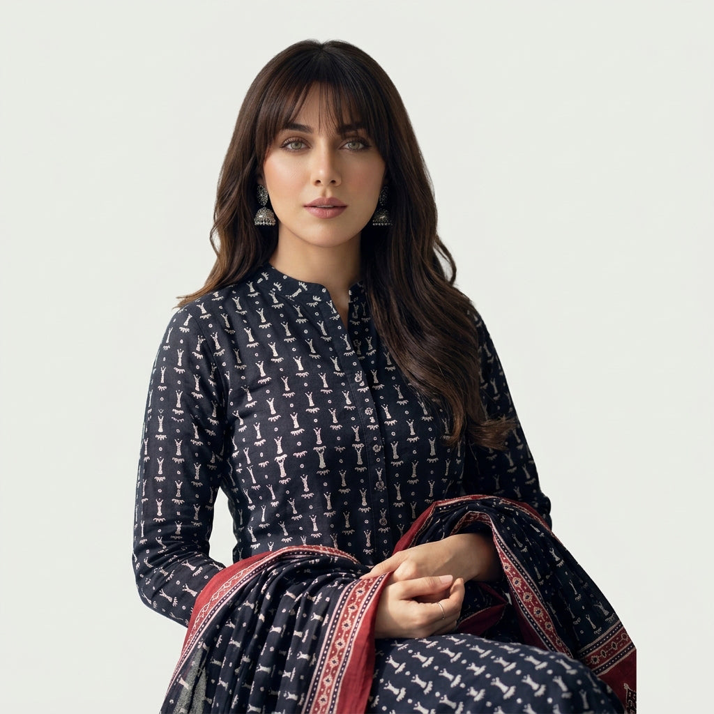 Black Ajrak dress design with traditional bone motifs and a contrasting maroon border, hand block printed ethnic wear.