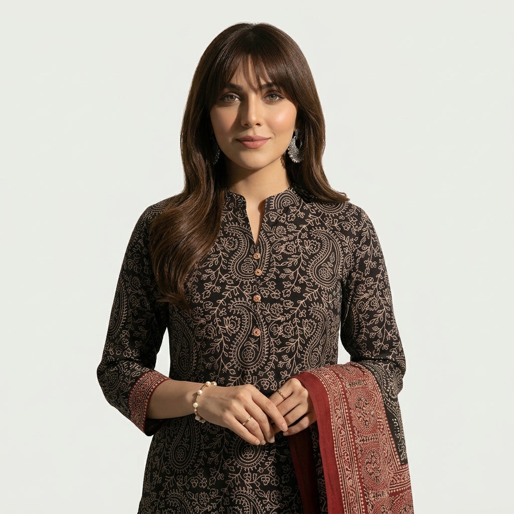 Black Ajrak dress design with dual-contrast hand block printed patterns and traditional geometric motifs.