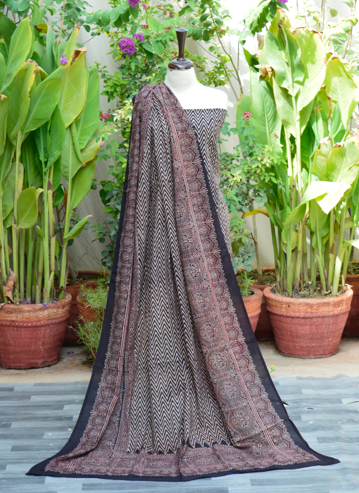 Organic Dye Hand Block Printed Ajrak Zigzag Two-Piece – Unstitched Lawn Shirt & Dupatta with Traditional Patterns.