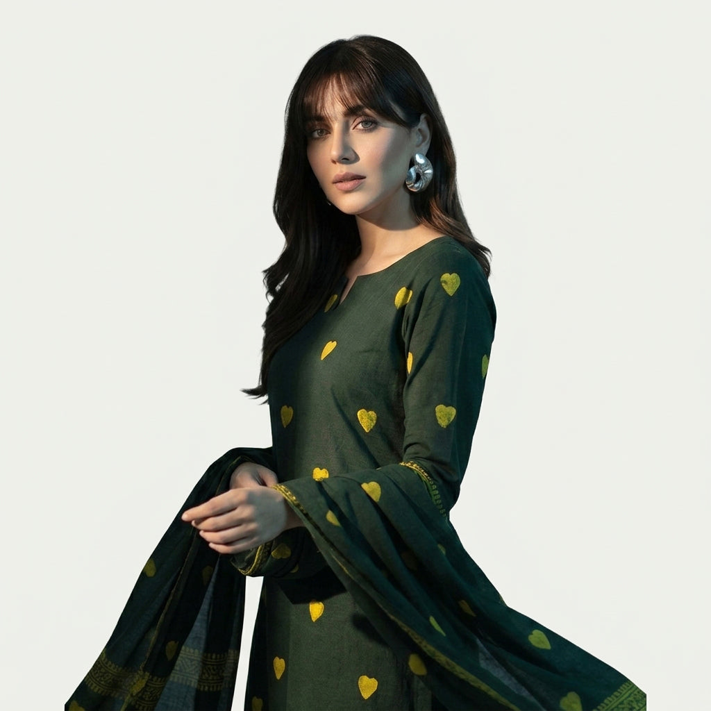 Green Ajrak Design Dress featuring traditional heart motifs and hand block printed patterns.
