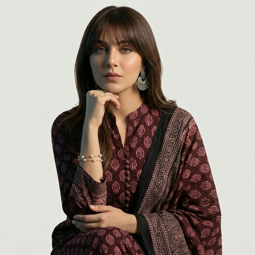 Ajrak Floral Maroon Two-Piece Suit with Traditional Hand Block Printed Design, Available in Cotton or Lawn.