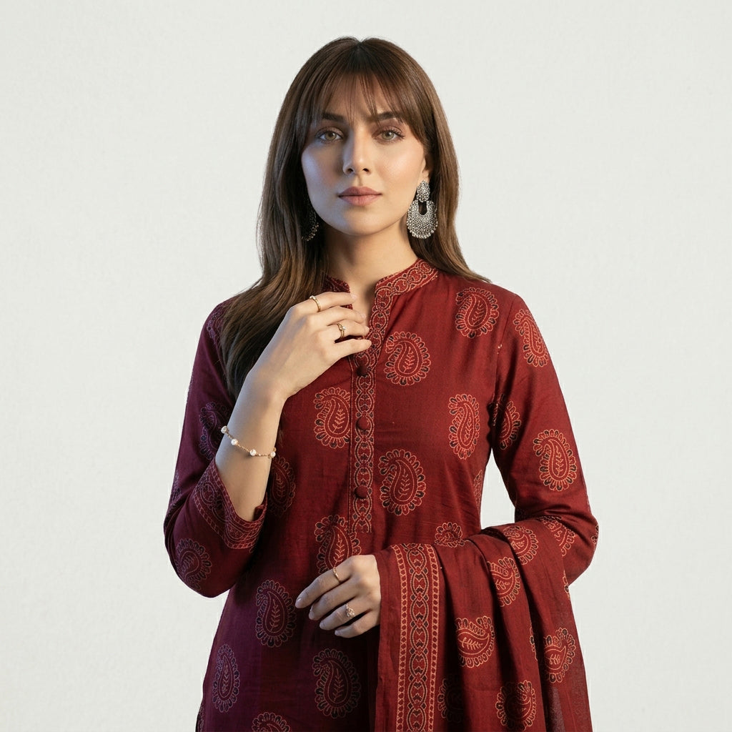Maroonish red Anbi Ajrak Design Dress with traditional hand block printed motifs.