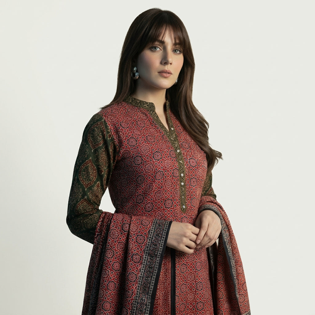 Traditional Ajrak maxi dress with elegant heritage prints