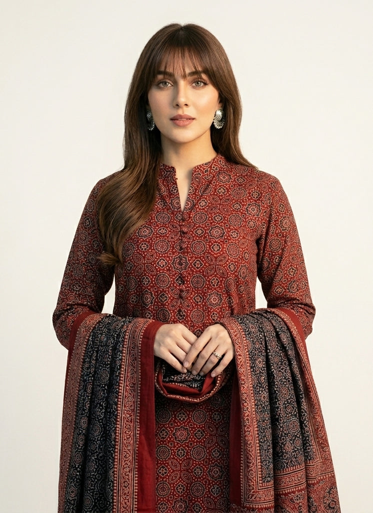 Ajrak Phulli Contrast – Luxury Organic Dye Hand Block Printed Ajrak Design Dress Two-Piece Lawn Suit