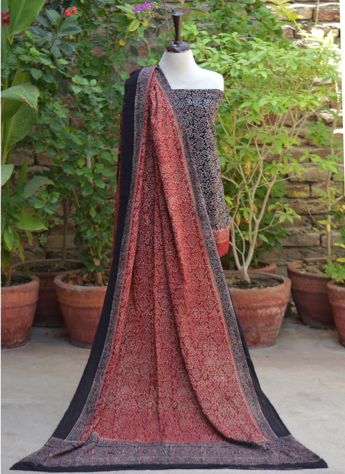 Traditional Ajrak Floral Bel Design Dress in Hand Block Printed Lawn with Shirt and Dupatta