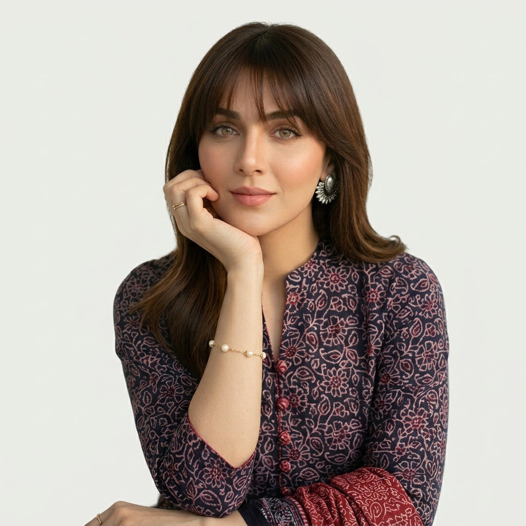 Ajrak Floral Bel Contrast unstitched two-piece dress with traditional floral motifs and contrasting hand block printed design.